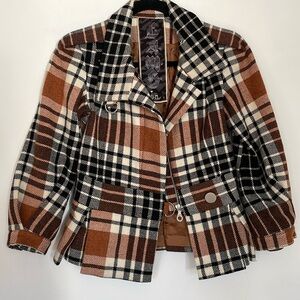 L.A.M.B. Wool Plaid 3/4 Sleeve Pleat Peplum Coat Jacket 2007 XS Gwen Stefani